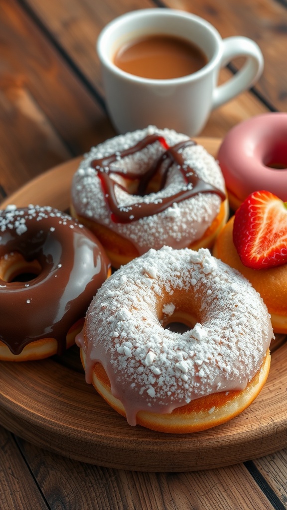 A beautiful arrangement of fluffy doughnuts with powdered sugar, chocolate, and strawberry glaze on a wooden table.